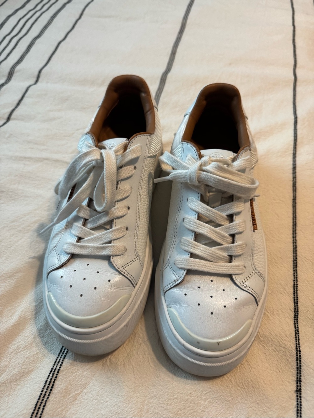 Tory Burch White Leather Lace-Up Sneakers with Tan Trim